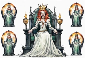 an Irish queen wearing a simple iron crown sitting on a stone throne tattoo idea
