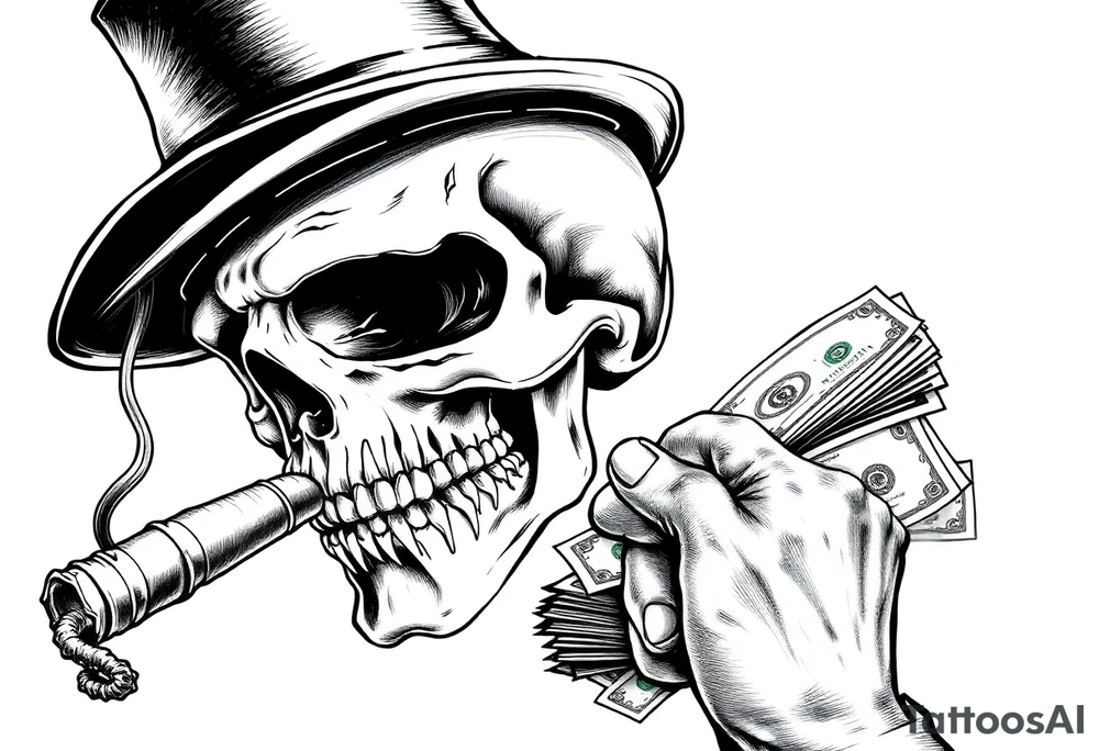 skull with mustache,a big cigar in his mouth,a top-hat on his head and alot of money in a hand. tattoo idea
