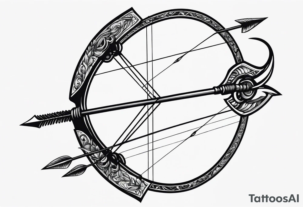 A loaded bow with 2 arrows. minimalist and clean, even abstract. tattoo idea