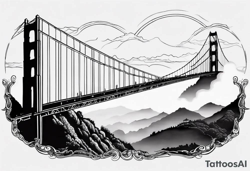 Golden Gate Bridge with fog rolling in with Marin hills in the background tattoo idea