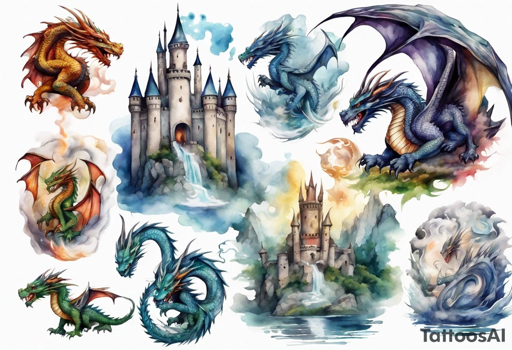 realistic mystic dragons protecting a castle tattoo idea