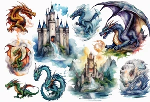 realistic mystic dragons protecting a castle tattoo idea