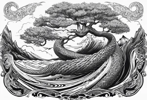 Jormungandr wrapped around world tree with waves crashing around tattoo idea