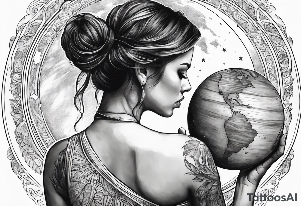 A woman holding a planet tattoo idea