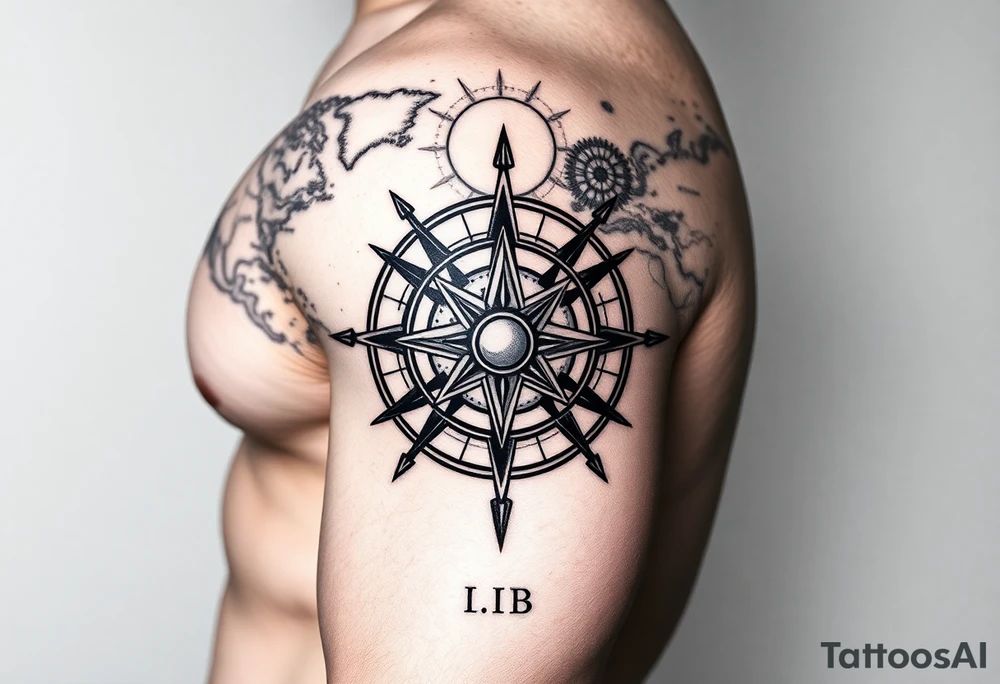 antique compass rose overlaid on weathered world map with with sun tattoo idea