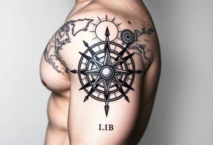 antique compass rose overlaid on weathered world map with with sun tattoo idea