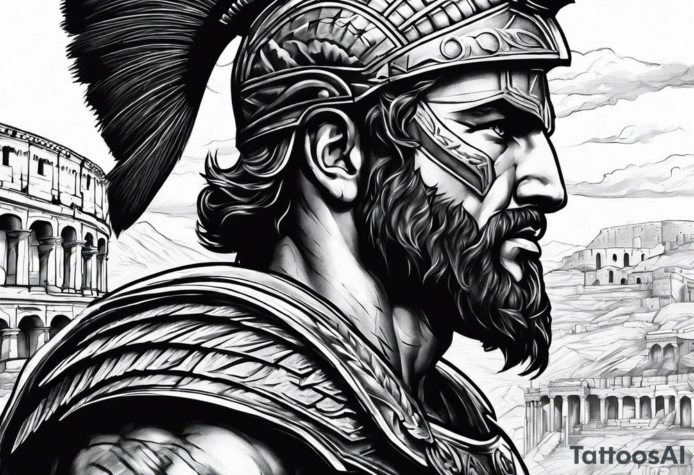 Side profile Spartan Solider ancient roman city in the background tattoo idea