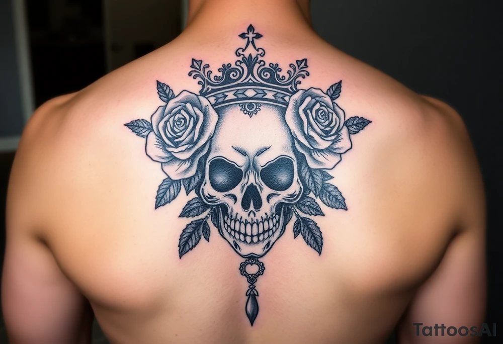 Bold vibrant gothic elegant skull with roses and crown with glow and lace drop tattoo idea