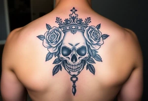 Bold vibrant gothic elegant skull with roses and crown with glow and lace drop tattoo idea