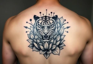 fierce tiger emerging through blooming lotus flowers in mist tattoo idea