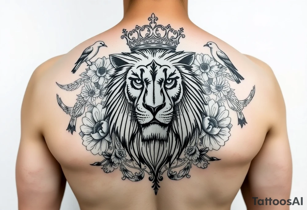 powerful majestic lion with a crown, surrounded by floral ornaments and birds tattoo idea