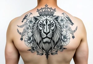 powerful majestic lion with a crown, surrounded by floral ornaments and birds tattoo idea