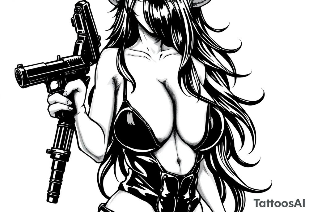 succubus, slut, anime, holding gun, black, leather bikini, angry tattoo idea