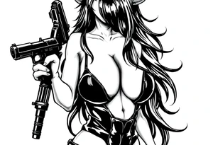 succubus, slut, anime, holding gun, black, leather bikini, angry tattoo idea