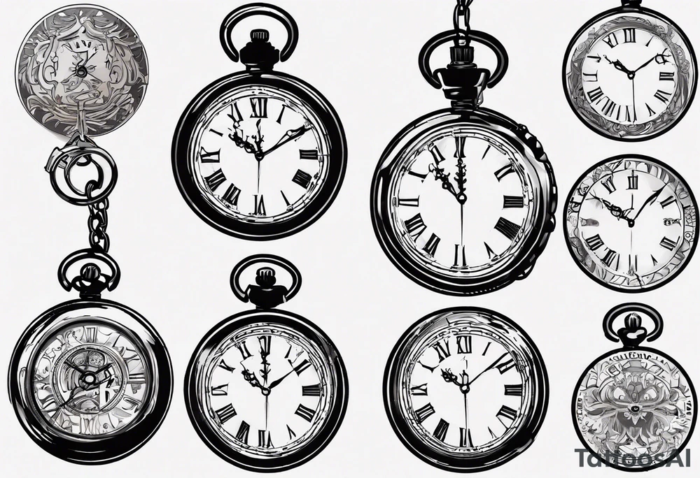 Pocket watch with chain, Roman numerals, date in Roman numerals inside timepiece, classic, elegant, traditional tattoo idea