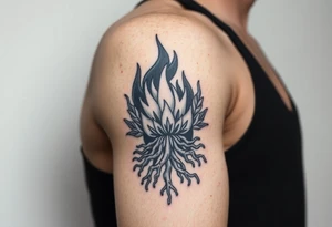 flame and blooming roots circle tattoo idea