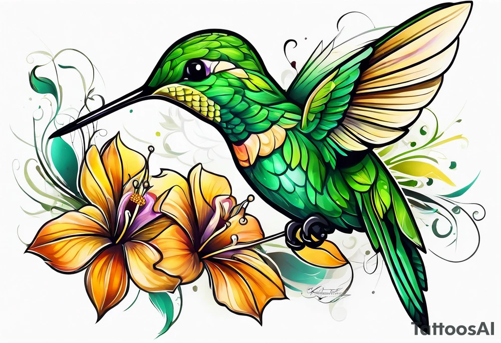 green hummingbird very small in flight ready to drink tattoo idea