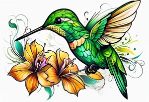 green hummingbird very small in flight ready to drink tattoo idea
