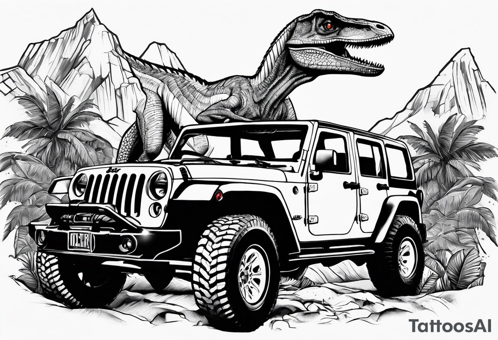 Velociraptor, a jeep, and the Jurassic Park gates, half sleeve tattoo idea