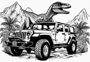 Velociraptor, a jeep, and the Jurassic Park gates, half sleeve tattoo idea