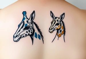 Dos jirafas hermanas. El hermano mayor de color azul y la pequeña de color amarillo. Un diseño minimalista con color y para un tatuaje pequeño. tattoo idea