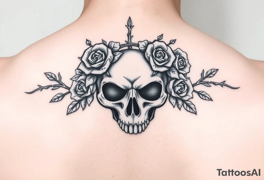 ornate skull adorned with crown of wild roses and thorns tattoo idea