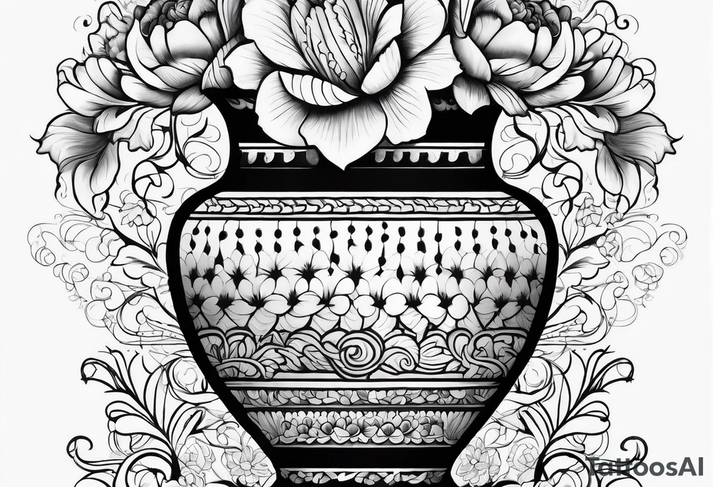 Traditional vase with patterns and flowers tattoo idea