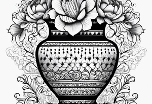 Traditional vase with patterns and flowers tattoo idea