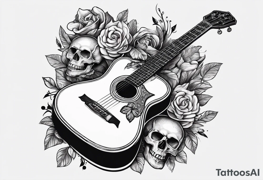 Guitar, guitar neck, skulls, flowers tattoo idea