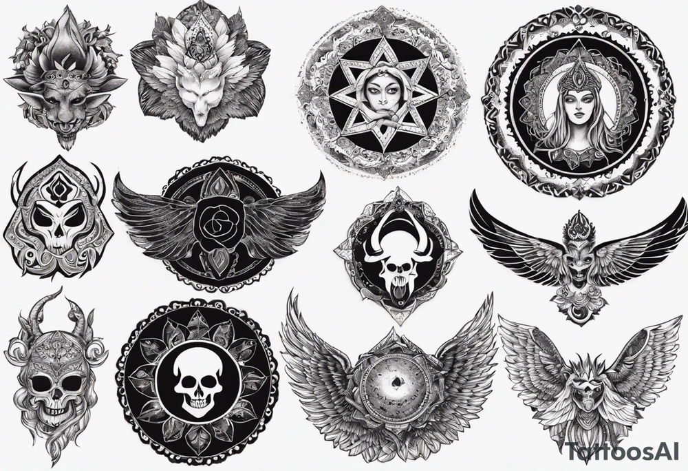 black kali, goddess pirate, alien, angel, pachamama, valkrye, warrior, flying, skull, lotus azul, wing, eagle, zenza resonance, stars, 5D, anahata chakra, death, durga, riding on a tiger, flying lady, kundalini, chest tatoo tattoo idea