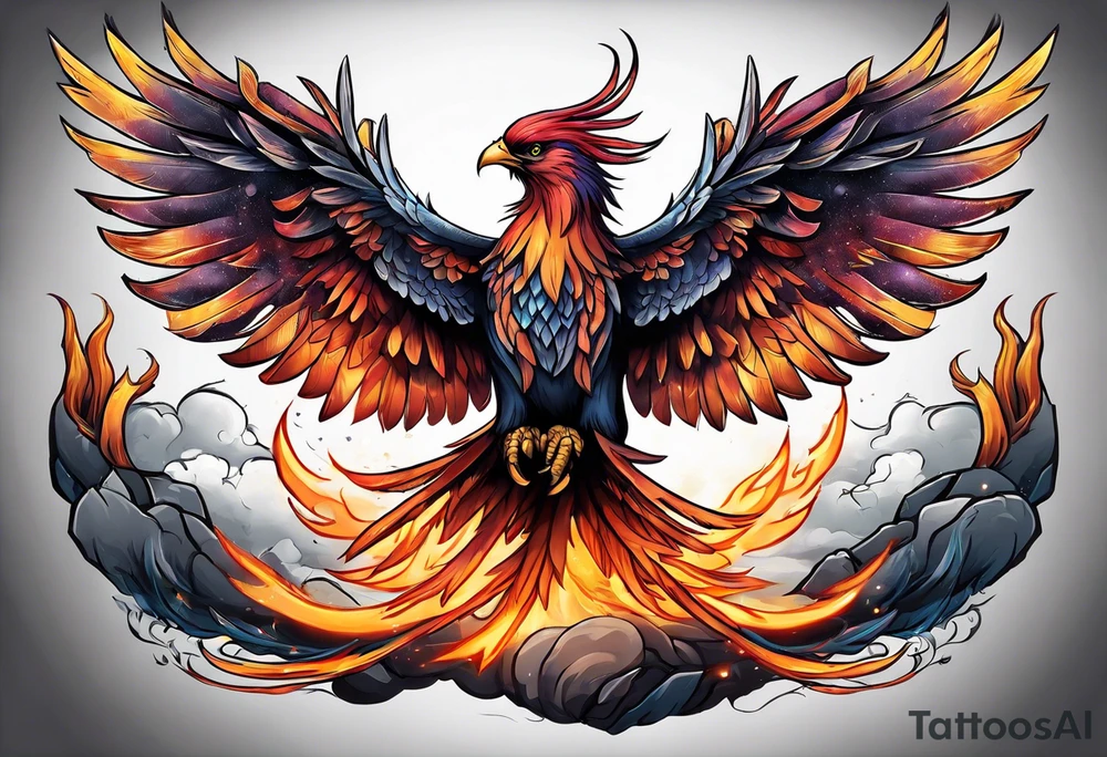 phoenix flying out of a stone alter tattoo idea