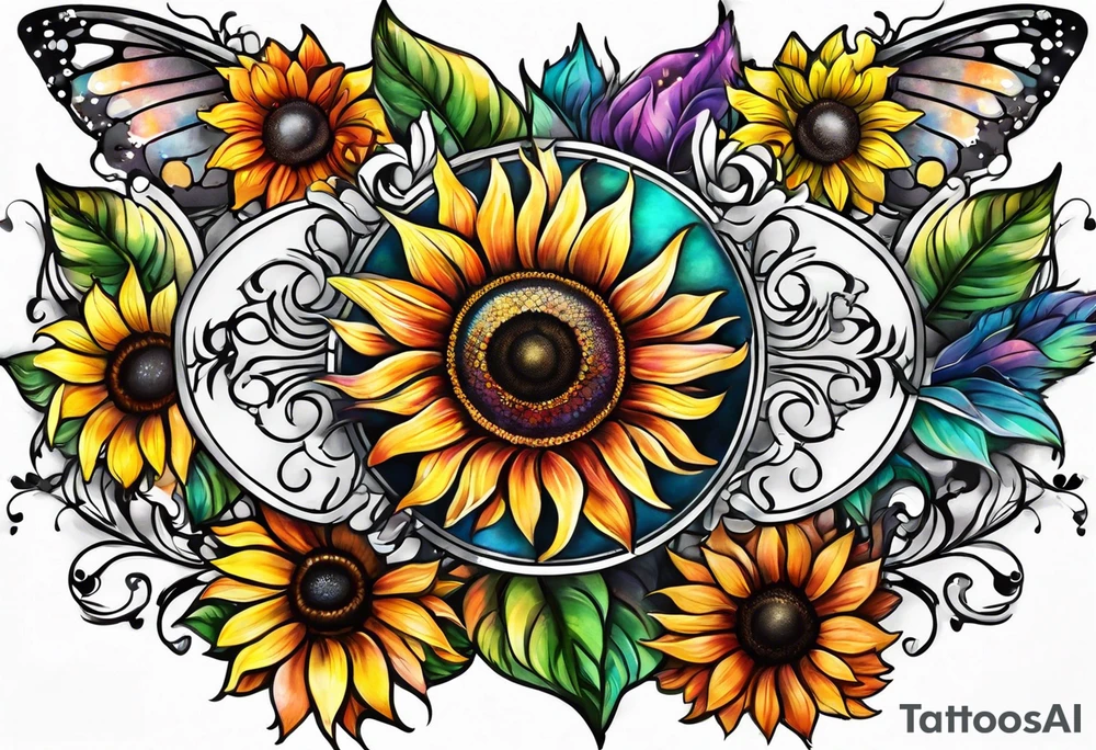 Memorial arm sleeve for mom with rainbow sunflowers and butterflies tattoo idea