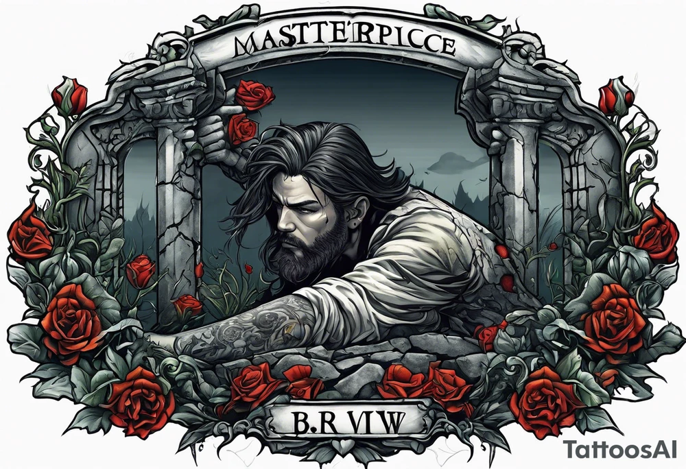 Man crawling out of grave. 
MIW Reincarnate written on gravestone tattoo idea