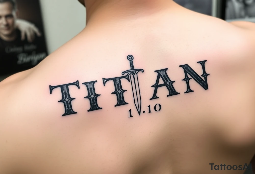 Name ‘Titan’ with birthday, Greek mythology inspired font with mini swords the T in Titan is a sword tattoo idea