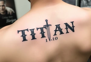 Name ‘Titan’ with birthday, Greek mythology inspired font with mini swords the T in Titan is a sword tattoo idea