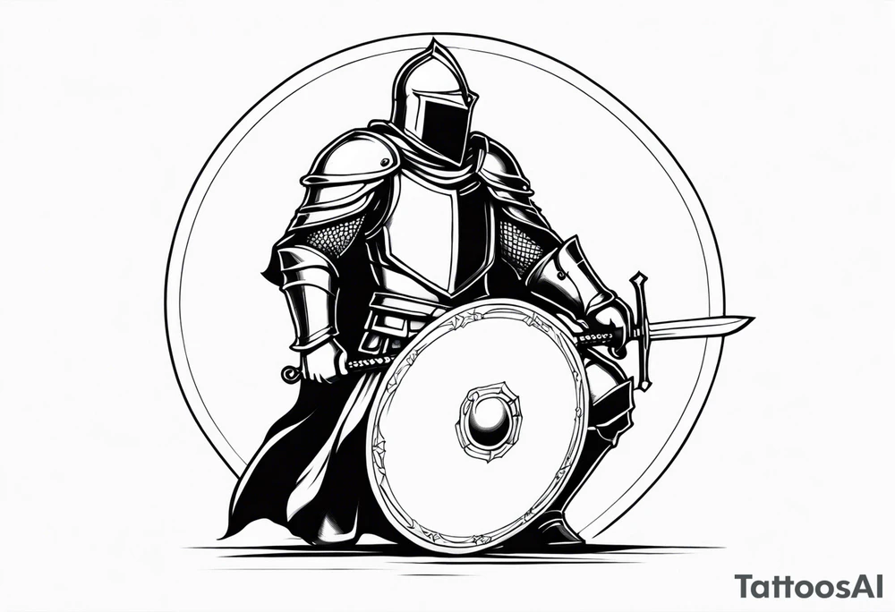 side view of crouched knight holding shield tattoo idea