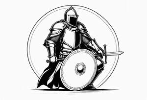 side view of crouched knight holding shield tattoo idea