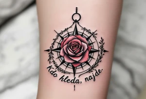 "Kdo hleda, najde." — A black compass with a crimson rose in the center, symbolizing the journey and discovery behind the words "Kdo hleda, najde" wrapped around the border. tattoo idea