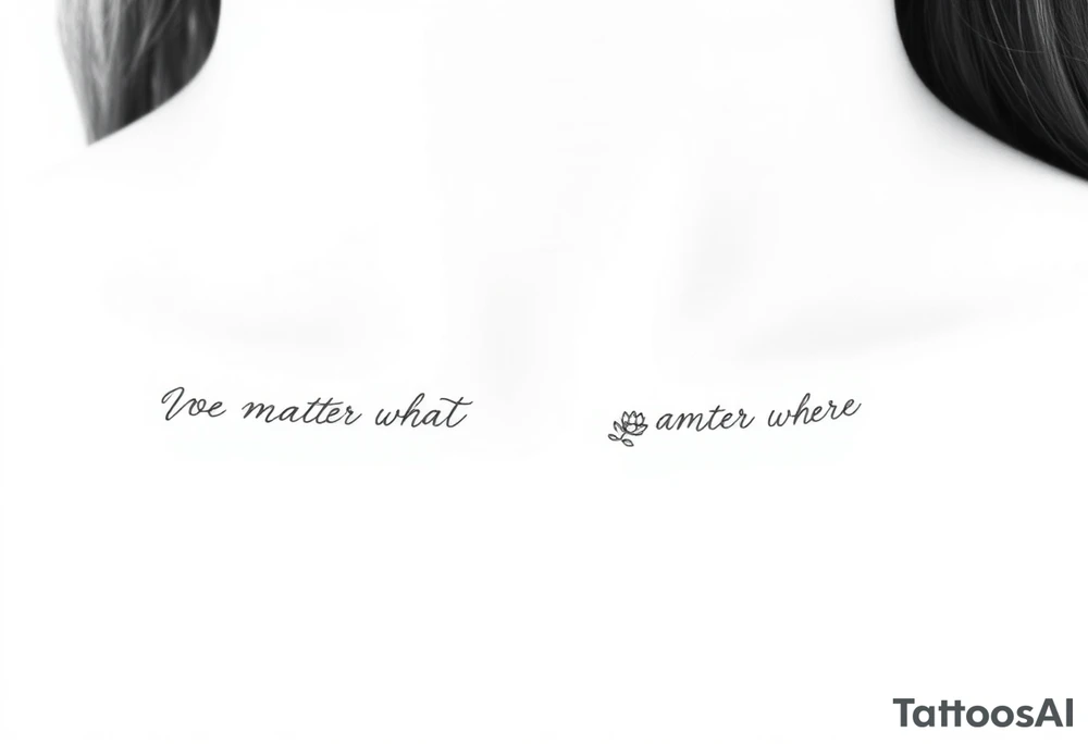 A delicate cursive tattoo with the quote ‘No matter what’ (for one person) and ‘No matter where’ (for the other), placed along the collarbone. At the end of each quote, incorporate a soft, feminine flower design — such as a small lotus, daisy, or wildflower — that flows naturally from the end of the text, as if the flower is part of the lettering or subtly blooming from the last word.

Design should feel light, elegant, and symbolic of connection and unconditional love between mother and daughter. Style should be fine line or single-needle, black ink only, minimalistic and graceful. tattoo idea