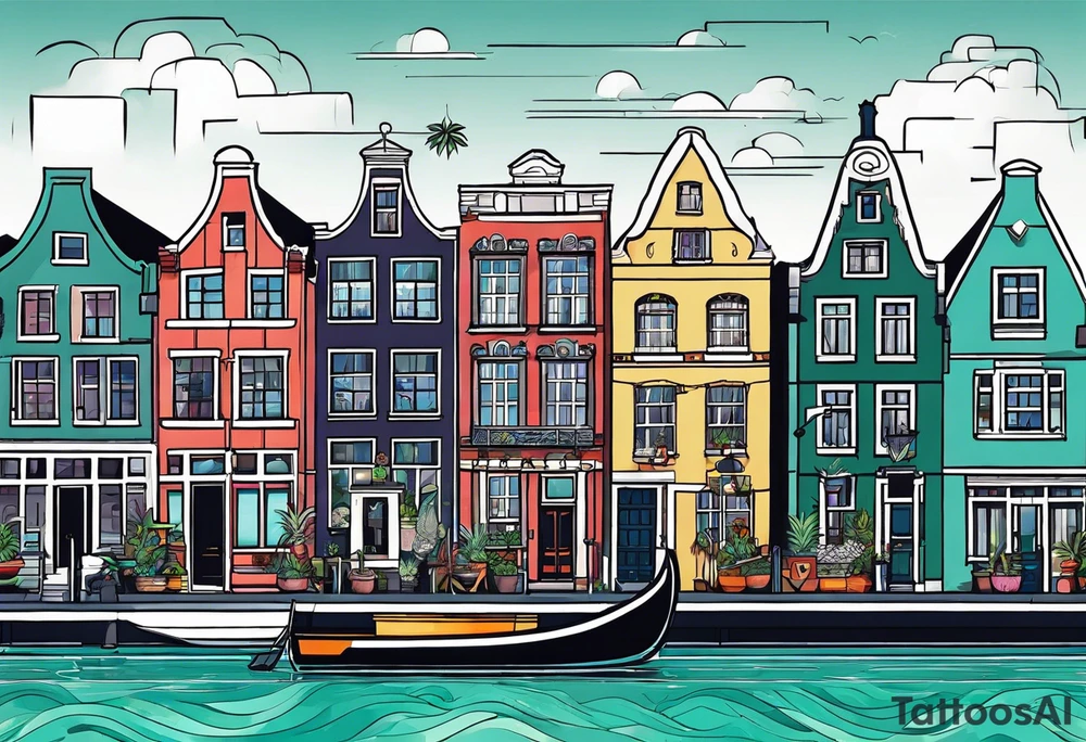 animals and pineapples feauturing Amsterdam houses and canal with marijuana tattoo idea