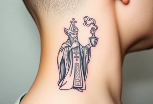A Russian Orthodox Priest in full gold vestments swinging a censer with smoke curling upward tattoo idea