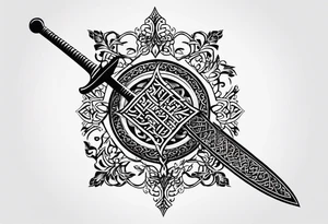 words in arabic calligraph in shape sword tattoo idea