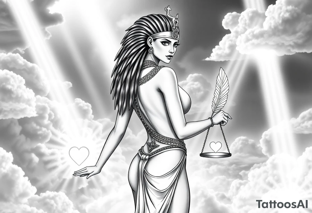A sensual, curvaceous Egyptian goddess stands with her back slightly turned, accentuating her figure. She wears an elaborate ostrich feather headdress and ornate, intricate ancient Egyptian jewelry draped across her body. Her expression is mysterious and confident. In one hand, she holds the Scales of Justice: one side holds a radiant, glowing heart; the other, Ma’at’s feather. The scales themselves shimmer with an otherworldly light.
The background is a surreal, heavenly landscape filled with luminous clouds and beams of divine light piercing through, creating dramatic contrasts of deep shadows and highlights. The entire scene is bathed in an ethereal, mystical glow, with a dreamlike, almost supernatural atmosphere. tattoo idea
