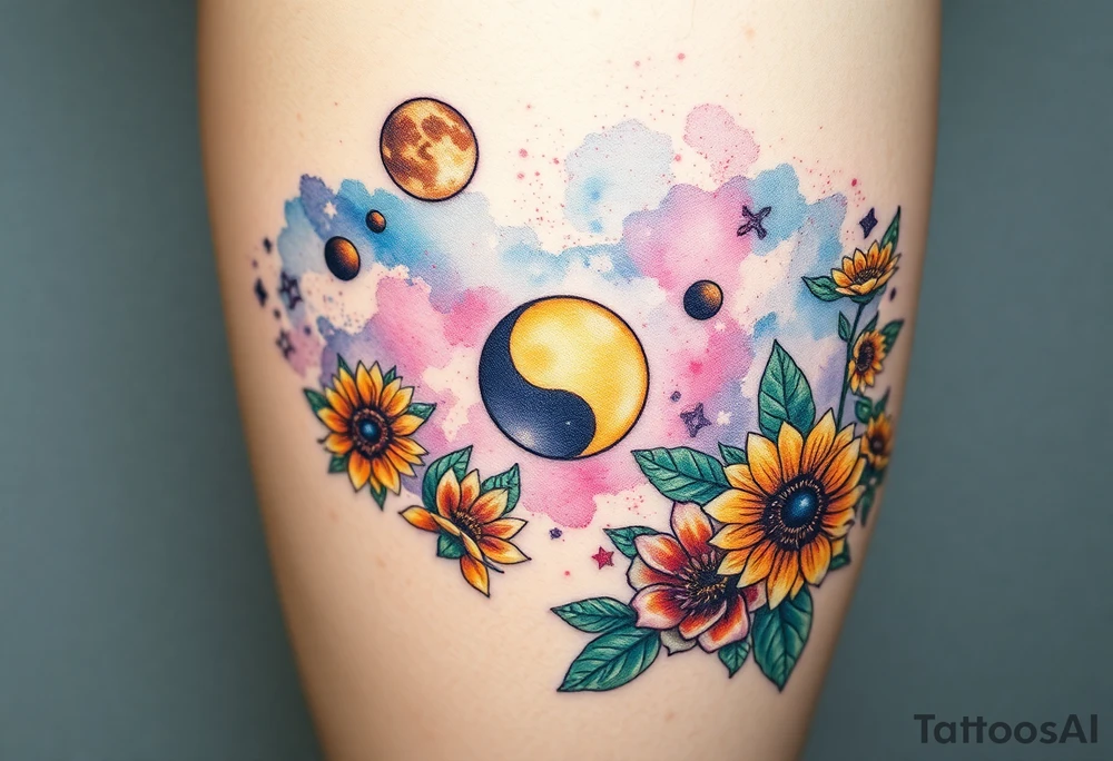 Milky way galaxy with planets with zodiac symbols and protection runes in it with tigerlillies roses and sunflowers tattoo idea
