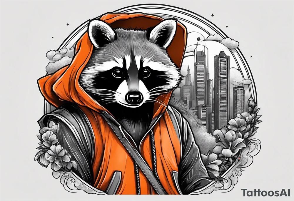 Raccoon wearing an orange Superman hoodie tattoo idea