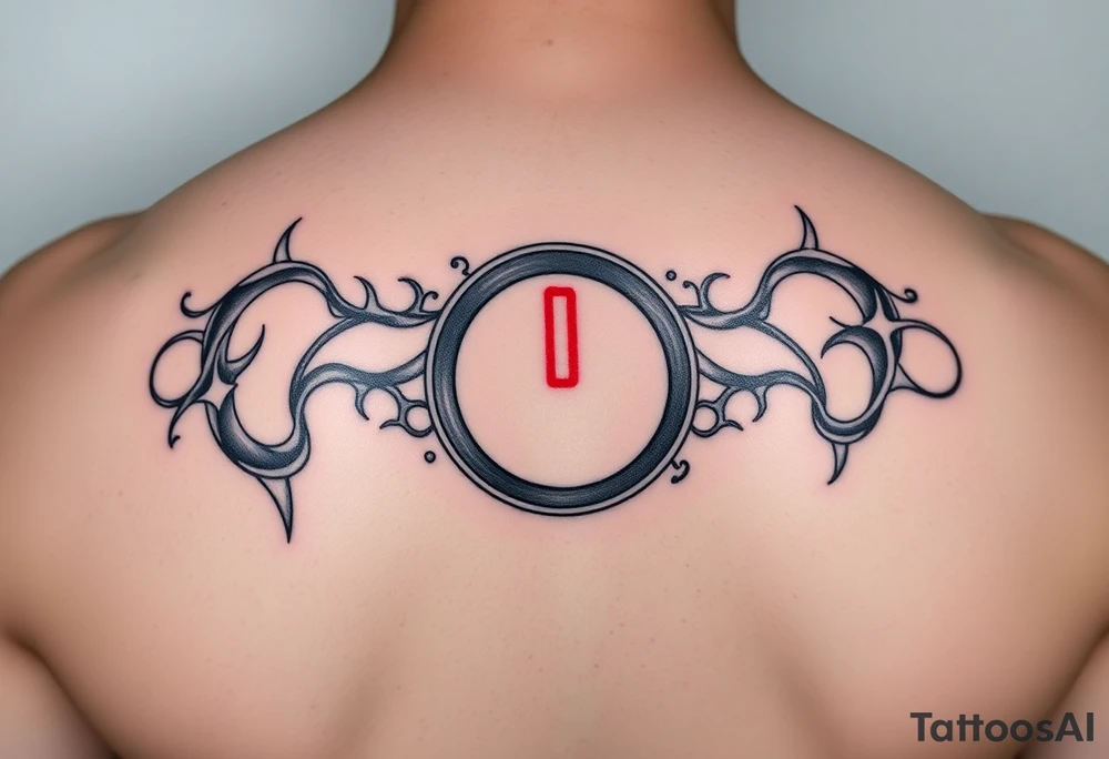 "Hyperrealistic tattoo of a PC power button (1:1 size).  
text: 'Press to reboot universe'.  
Style: Fake 3D, like actual button on skin. Black/red." tattoo idea