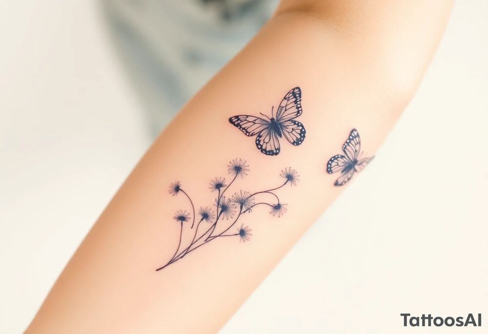 ethereal butterflies with vines of dandelions blowing in the wind tattoo idea