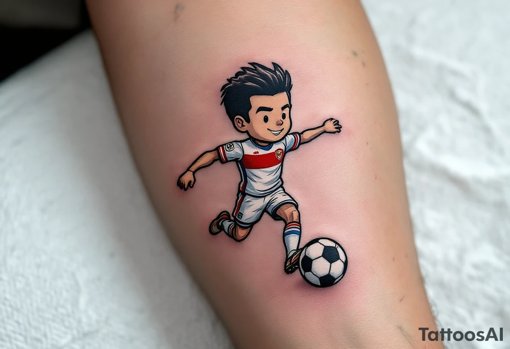 A tattoo of a soccer player mid-kick, wearing Slavia Praha’s white and red jersey, striking a ball with the club crest on it. tattoo idea