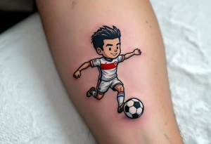 A tattoo of a soccer player mid-kick, wearing Slavia Praha’s white and red jersey, striking a ball with the club crest on it. tattoo idea