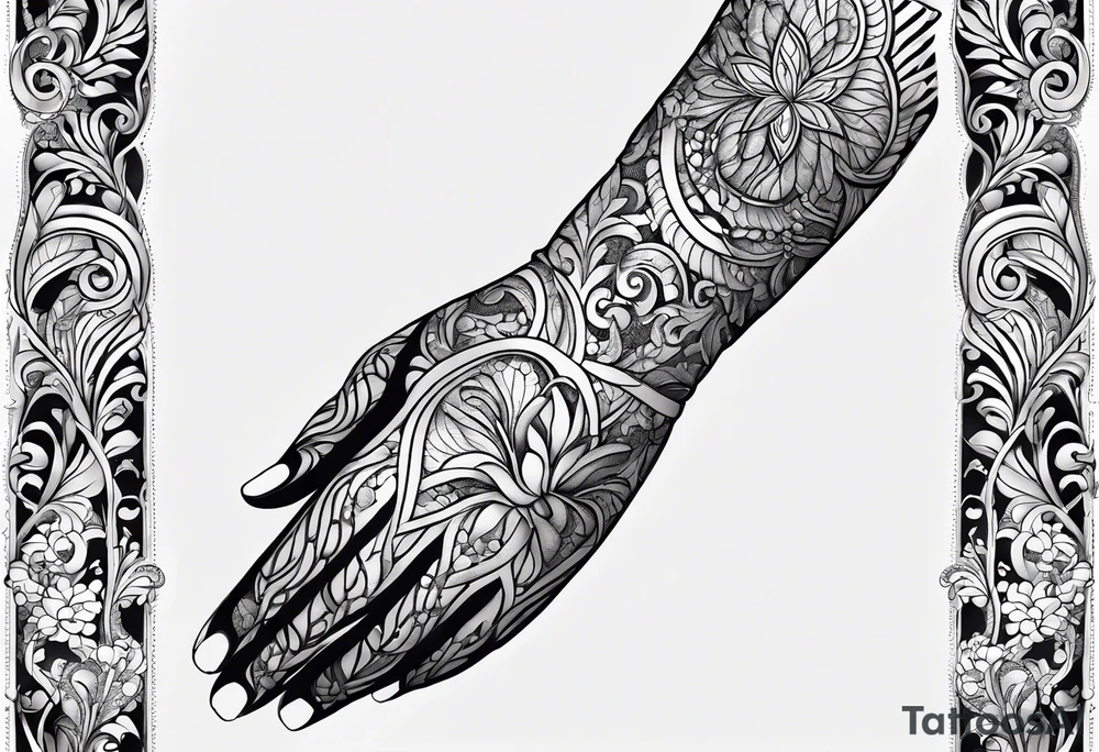 Forearm sleeve and glove with swirls up to the elbow like a elbow length lace glove tattoo idea